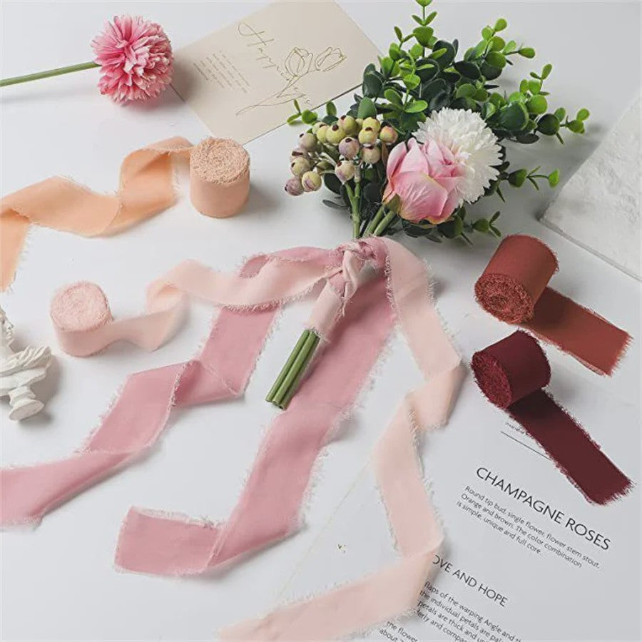 Handgemaakte Satijn Chiffon Lint Set - 3 Rollen van 5m met Rafeleffect voor Bruiloft, Cadeau & DIY Decoratie