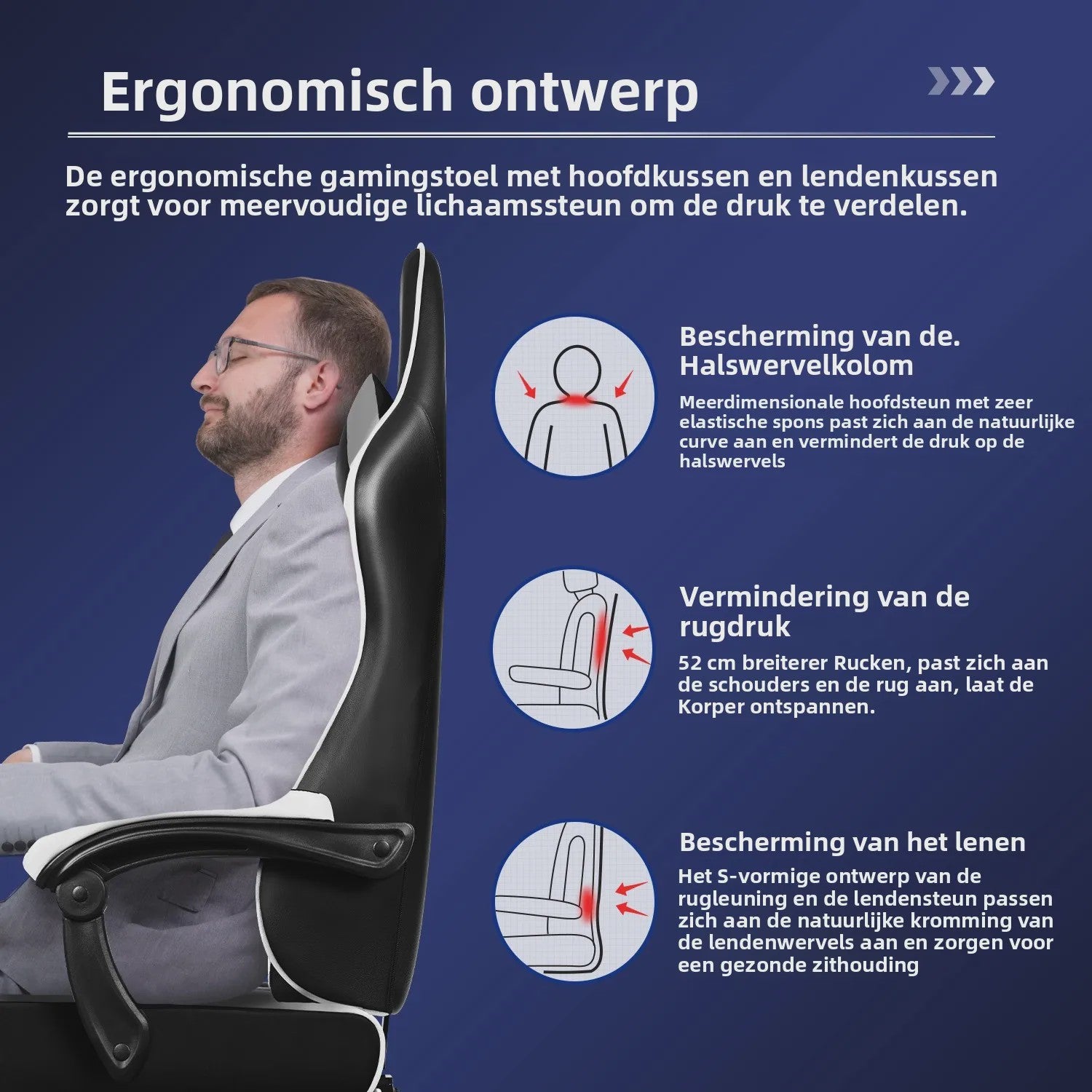 Ergonomische Gaming Stoel met Verstelbare Rugleuning, Lendensteun en Voetensteun - Max 150kg