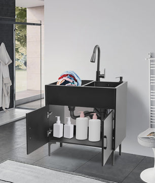 Dubbele RVS Spoelbak met Zwart Wastafelmeubel - Vrijstaand 30-Inch