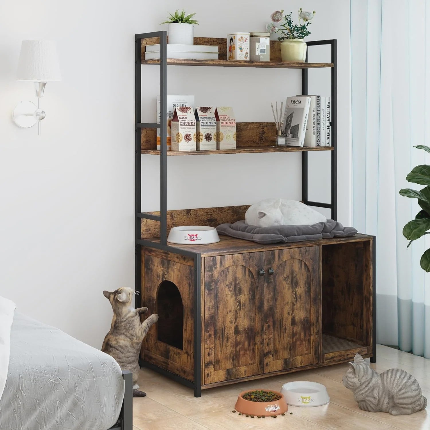 Stijlvolle Kattenbakombouw met Opbergruimte & Boekenkast - Meubel voor Huisdieren
