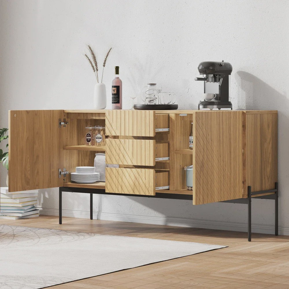 Stijlvol Houten Dressoir met 2 Deuren, 3 Lades en Metalen Poten - 140cm Breed