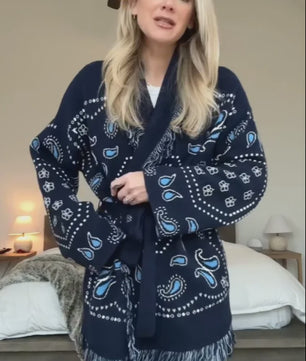 Gebreide Dames Cardigan met Patchwork Print, V-hals en Franjes - Stijlvolle Herfstjas