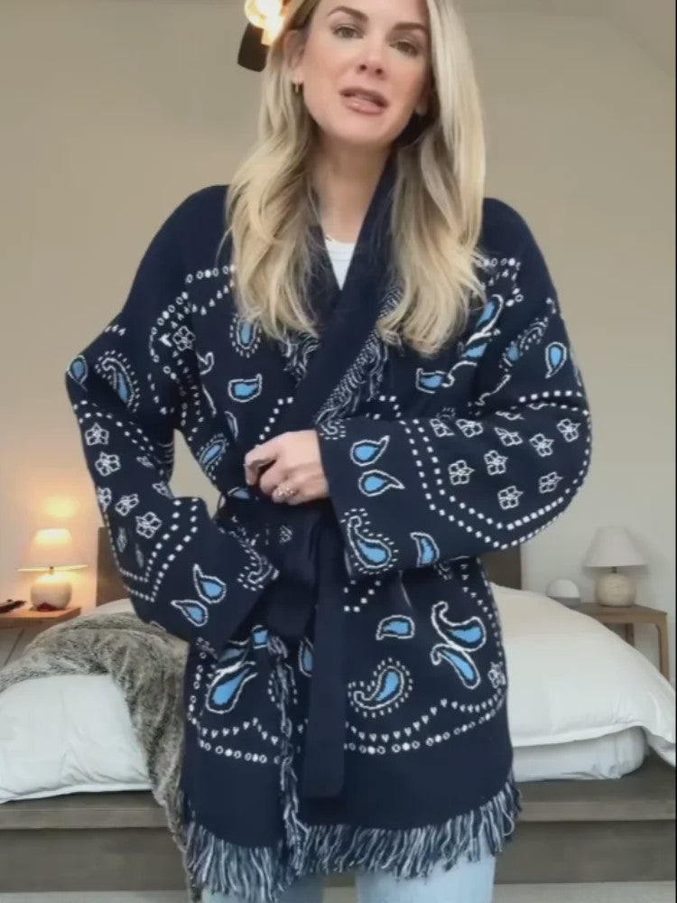 Gebreide Dames Cardigan met Patchwork Print, V-hals en Franjes - Stijlvolle Herfstjas