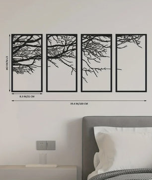 4-Delige Zwarte Metalen Levensboom Wanddecoratie - Stijlvolle Kunst voor Woonkamer, Slaapkamer & Kantoor