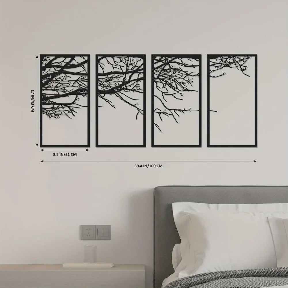 4-Delige Zwarte Metalen Levensboom Wanddecoratie - Stijlvolle Kunst voor Woonkamer, Slaapkamer & Kantoor