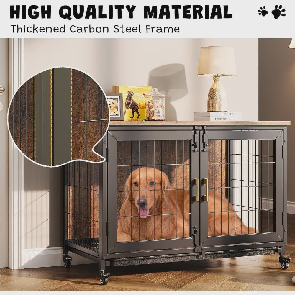 Houten Hondenkennel met Wielen en Lade - Stijlvolle Bijzettafel voor Kleine/Middelgrote Honden