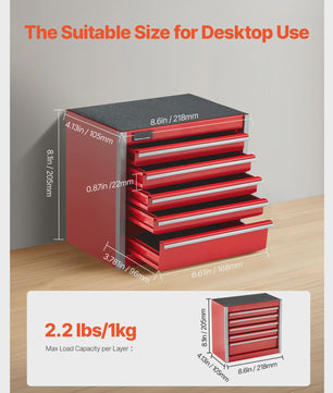 Compacte Metalen Gereedschapskist met 5 Lades - Rood/Zwart - Draagbaar & Organisatie