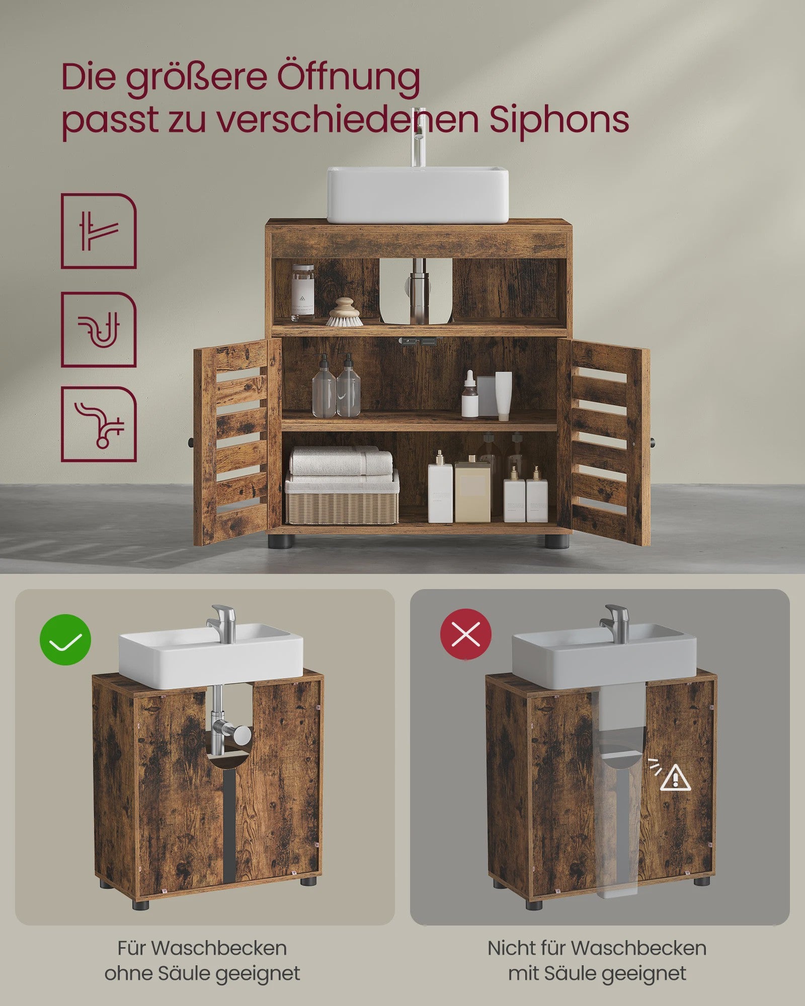 Badkamerkast Onderbouw Wastafel - Rustiek Hout Design met 2 Deuren en Verstelbare Plank