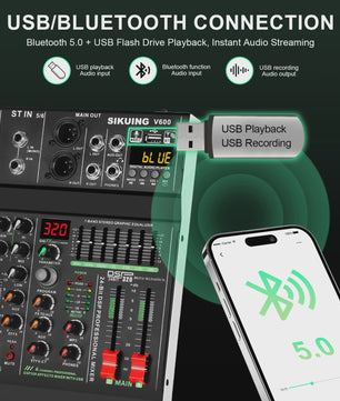 FULUODE V-600 Professionele 6-Kanaals Mixer met 320 DSP Effecten, Bluetooth & 48V Fantoomvoeding