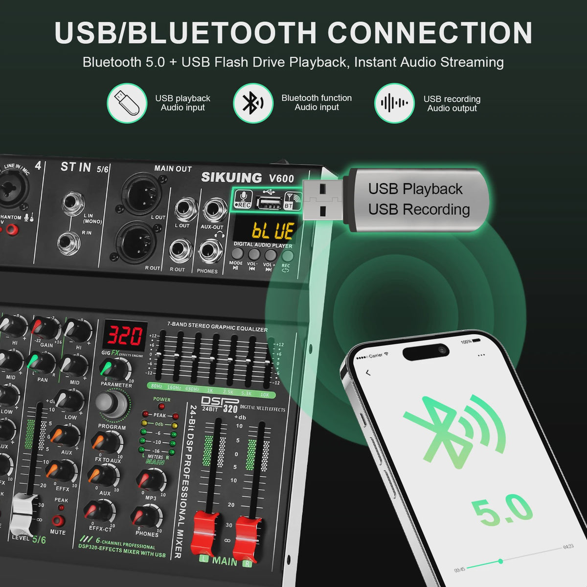 FULUODE V-600 Professionele 6-Kanaals Mixer met 320 DSP Effecten, Bluetooth & 48V Fantoomvoeding