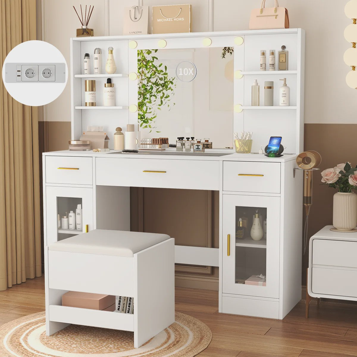 Luxe Kaptafel met Spiegel, Verlichting, Stopcontact & Kruk - Wit