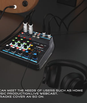 4-Kanaals DJ Mixer Console met Bluetooth, USB en 48V Fantoomvoeding
