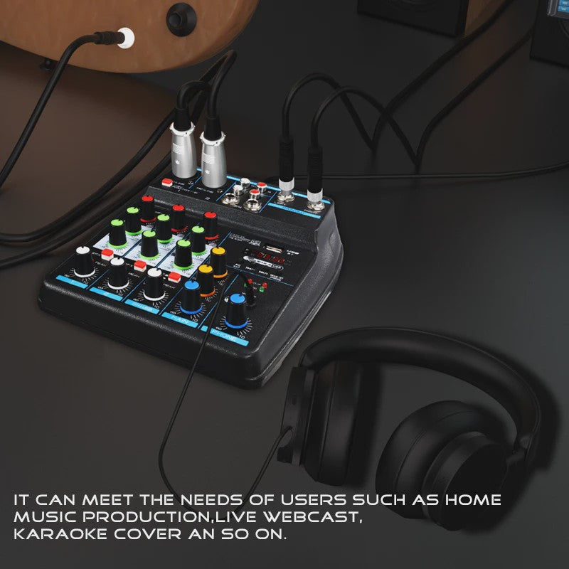 4-Kanaals DJ Mixer Console met Bluetooth, USB en 48V Fantoomvoeding