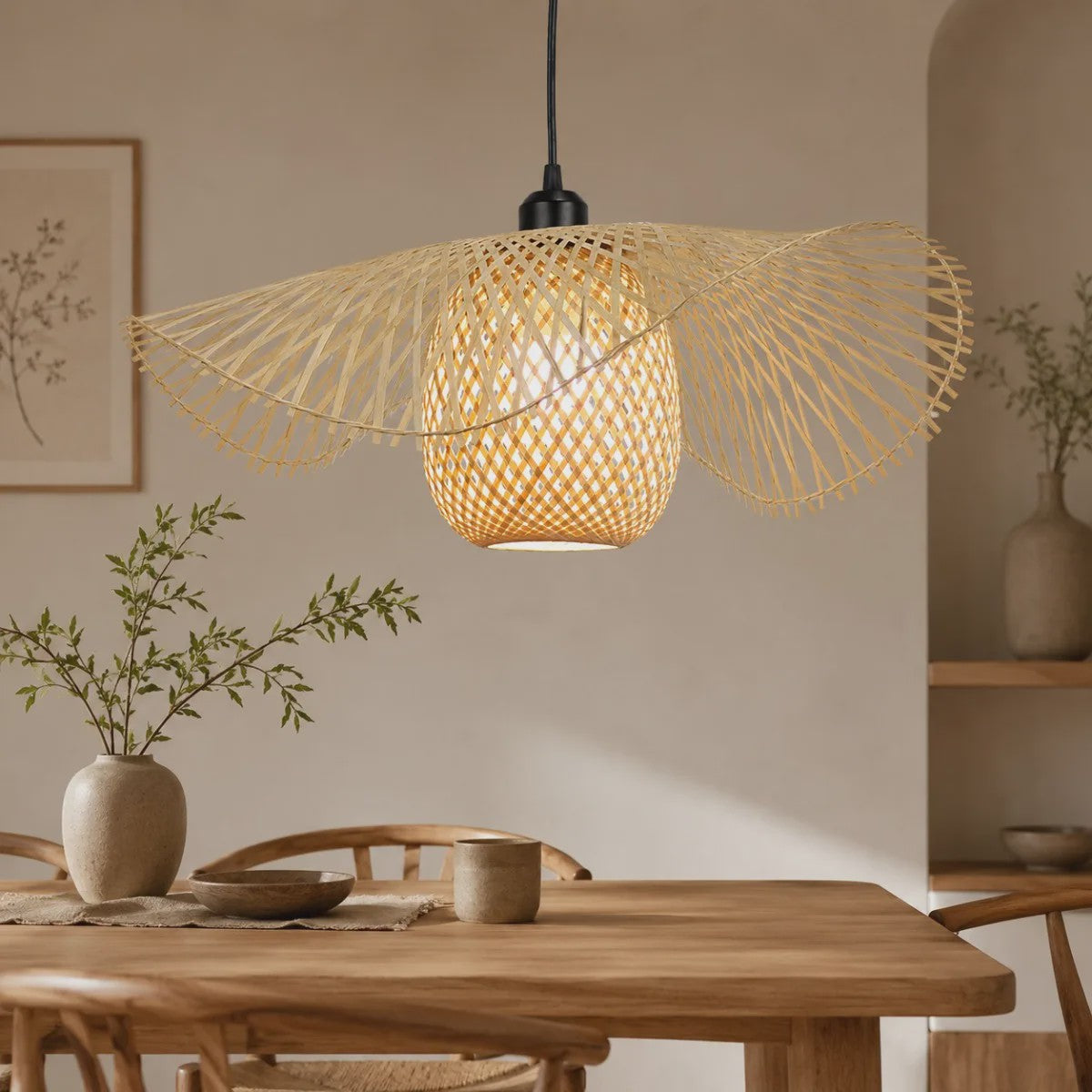 Japanse Wabi Sabi Bamboe Rotan Hanglamp 55cm - Natuurlijk Geweven Plafondlamp