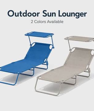 Opvouwbare Loungestoel 188cm met Verstelbare Rugleuning en Zonnekap - Blauw/Zand