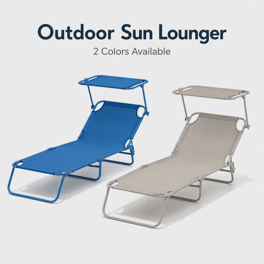 Opvouwbare Loungestoel 188cm met Verstelbare Rugleuning en Zonnekap - Blauw/Zand