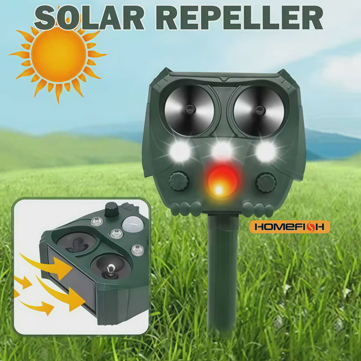 Solar Dier Afweerder Ultrasoon met LED Verlichting - Honden, Katten & Vogels Verjagen