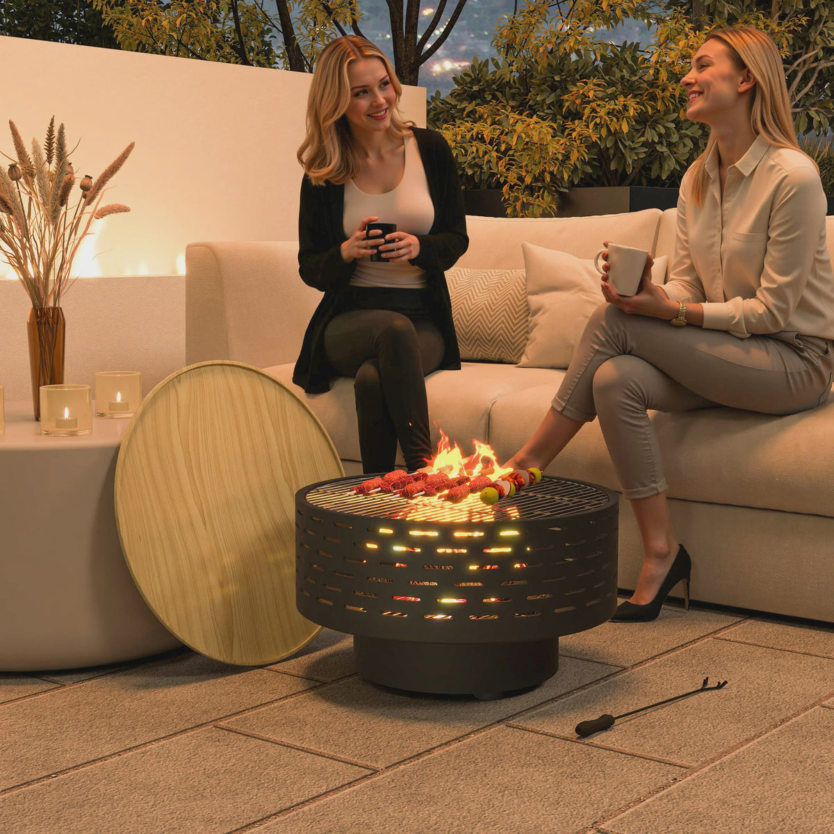 Outsunny 3-in-1 Vuurschaal met Grillrooster - Ø60cm - Vuurkorf, BBQ & Tuin Tafel