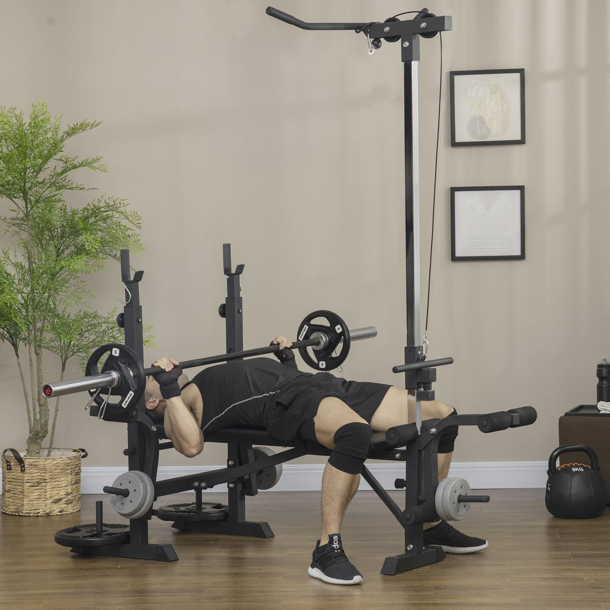 HOMCOM Multifunctioneel Bodybuilding Bankje met Katrolsysteem en Verstelbare Rugleuning