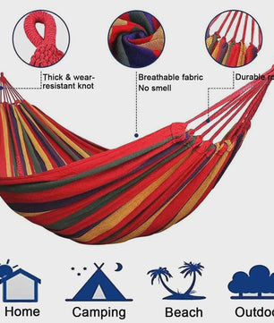 Dubbele Hangmat van Canvas Katoen voor 2 Personen met Ophangbanden - Rood/Blauw Gestreept