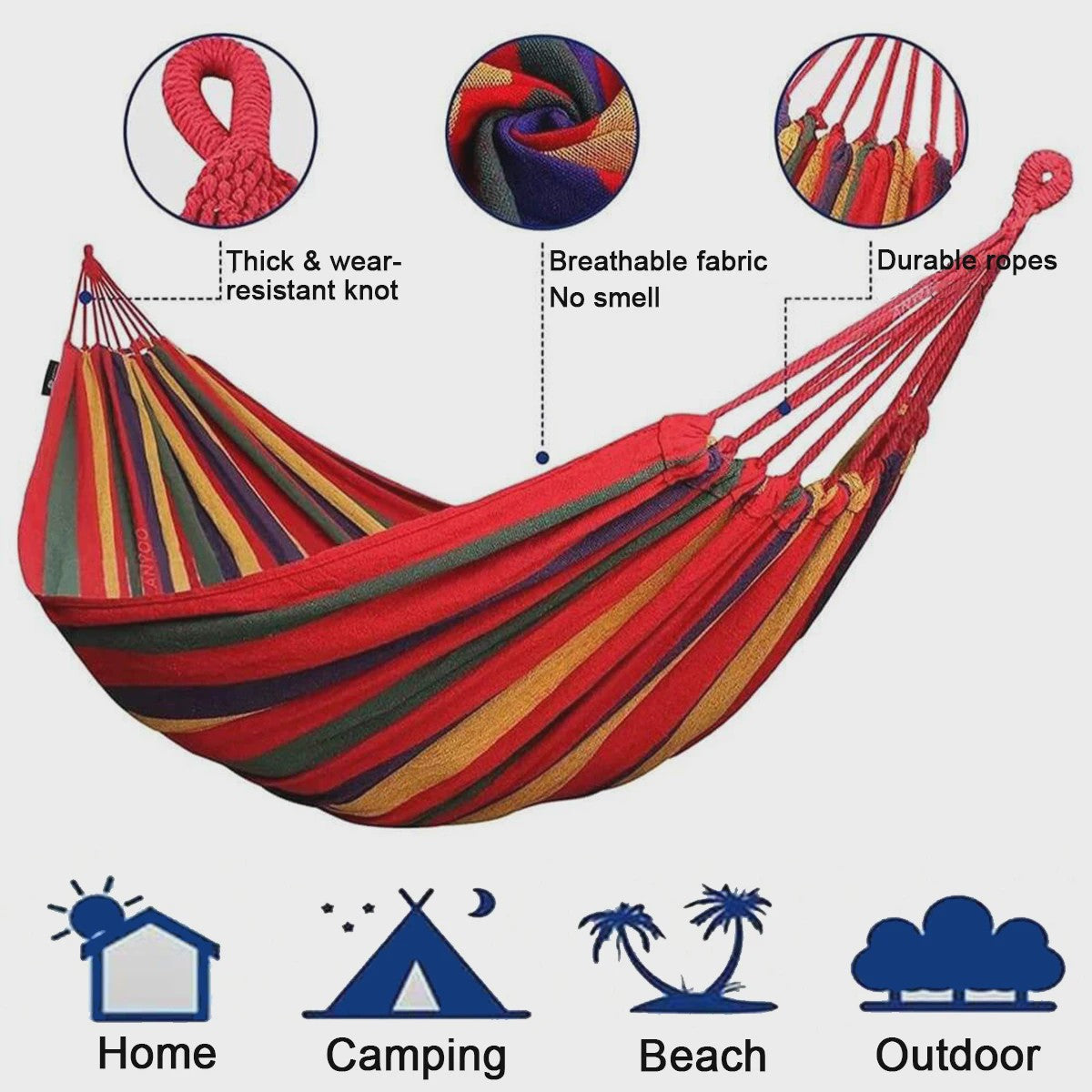 Dubbele Hangmat van Canvas Katoen voor 2 Personen met Ophangbanden - Rood/Blauw Gestreept