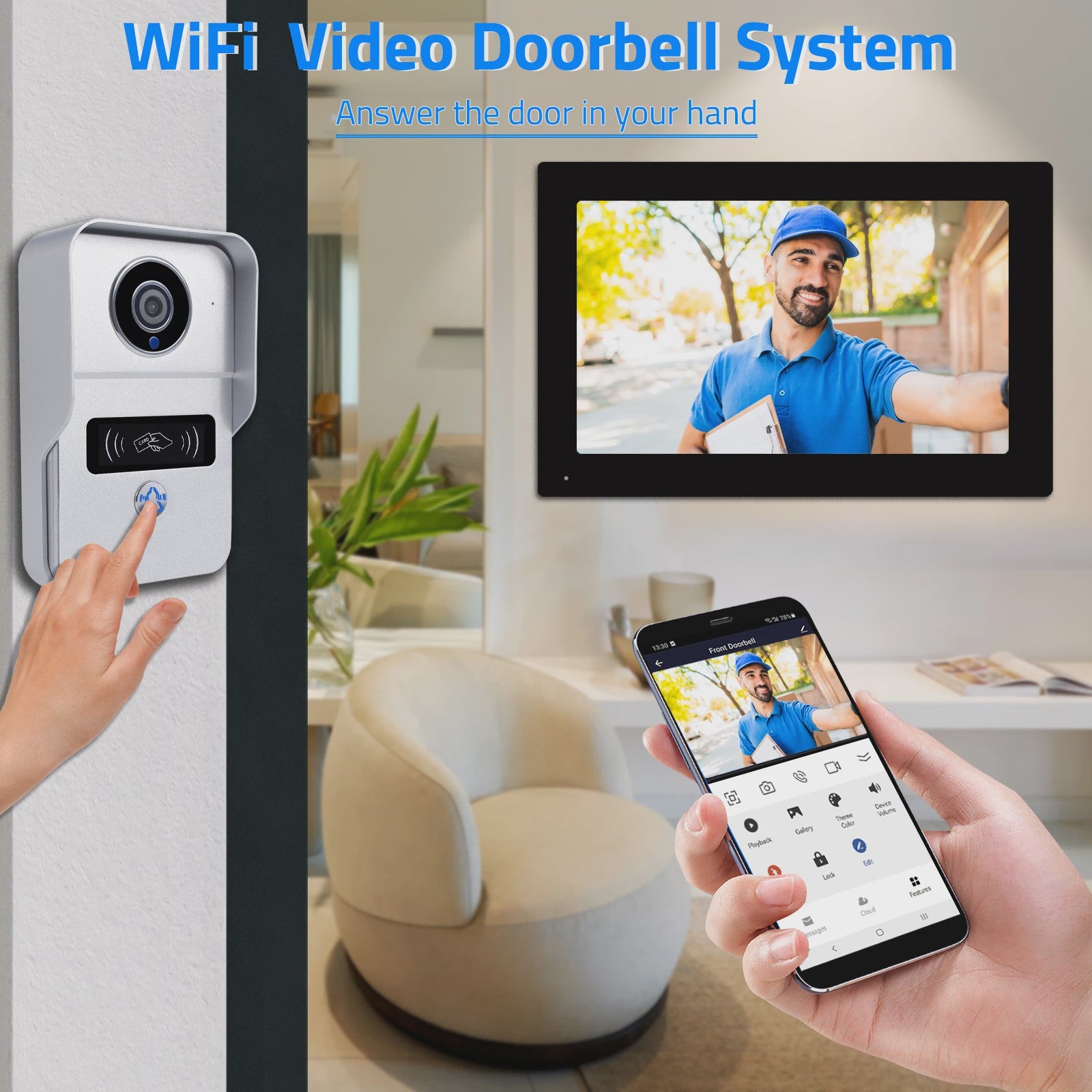 Draadloos Wifi Videodeurbel Systeem met 7" Touchscreen & 1080P Camera