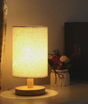 Sfeervolle LED Tafellamp met Houten Basis & Stoffen Kap - Dimbare Nachtlamp USB
