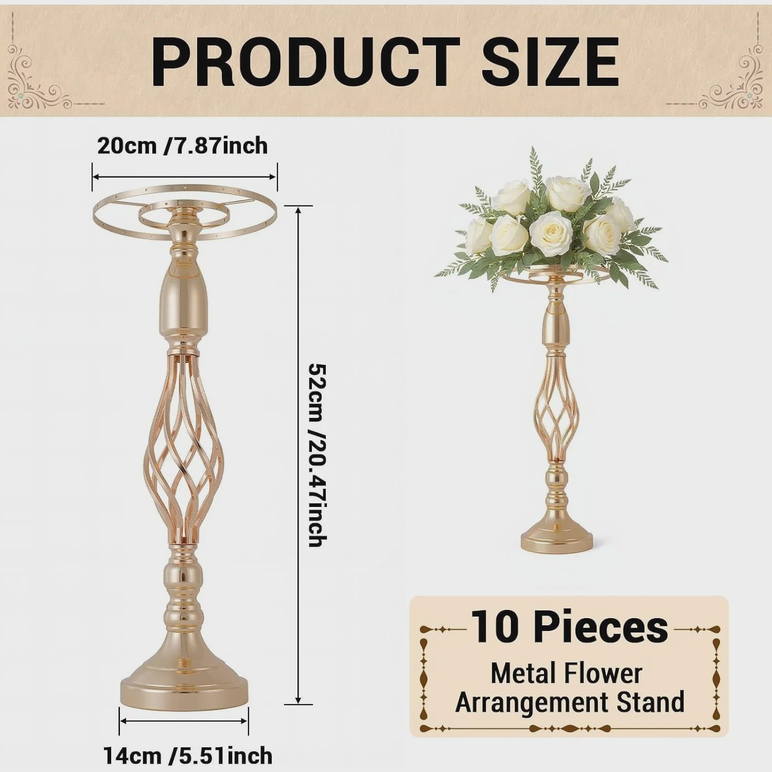 Set van 10 Gouden Metalen Bloemenstandaards - 52 cm Hoog - Stijlvolle Decoratie