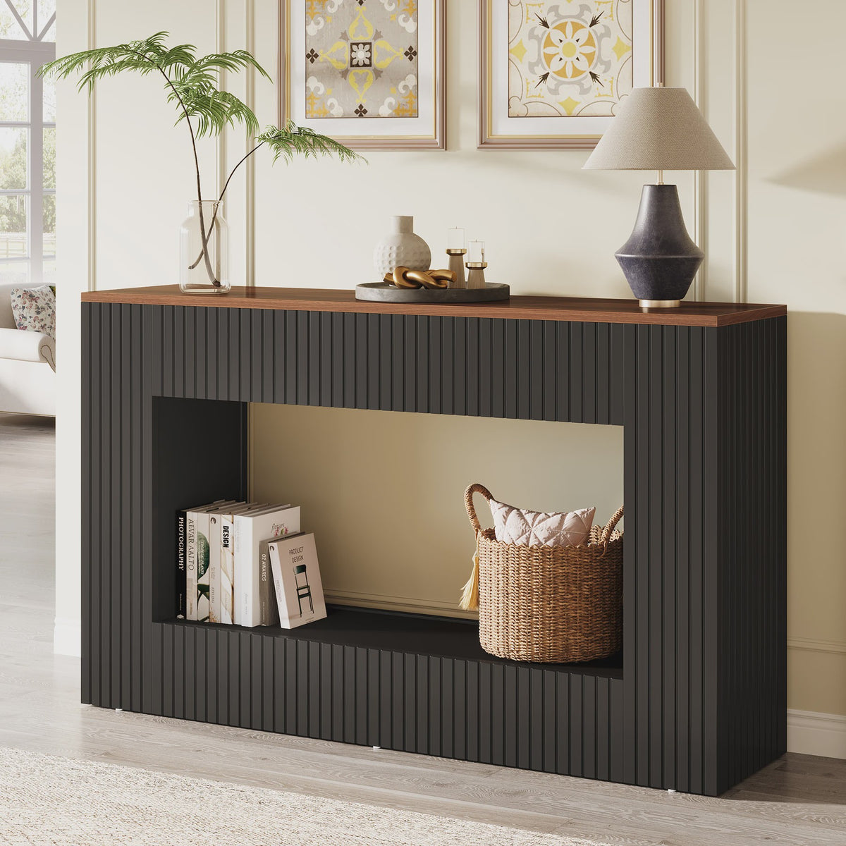Moderne Console Tafel 140 cm Zwart met Houten Top - Stijlvolle Entree- en Banktafel