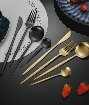 Luxe 30-delige Bestekset RVS: Goud & Zwart Dinerbestek, Fruitvorkjes en Lepels