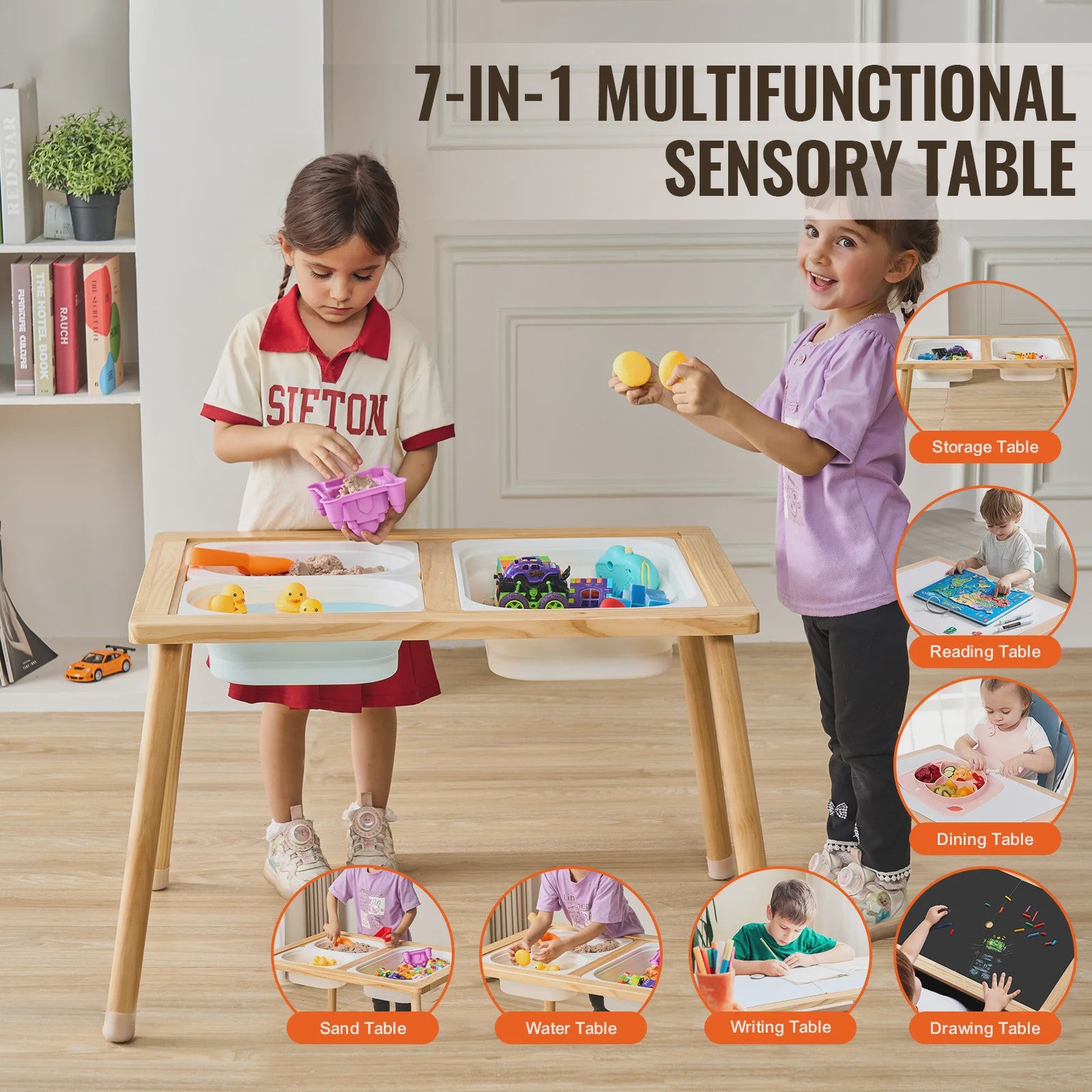 Houten Sensorische Activiteitentafel voor Kinderen met 3 Opbergbakken & Dubbelzijdig Bord