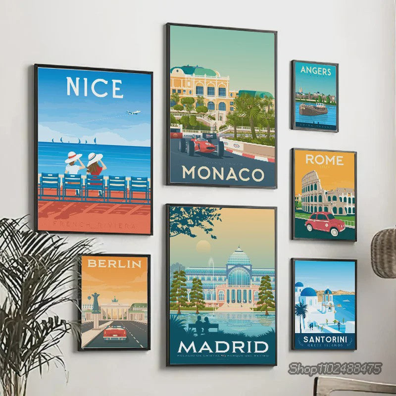 Nordic Canvas Poster: Kleurrijke Reisposters van Europese Steden - Parijs, Nice, Monaco