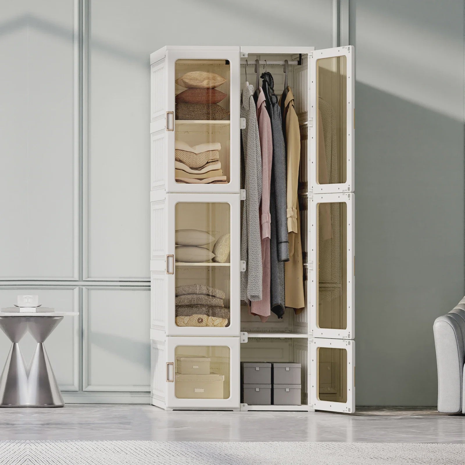 Draagbare Opvouwbare Garderobekast Organizer - Wit ABS Plastic Kledingkast met Deuren