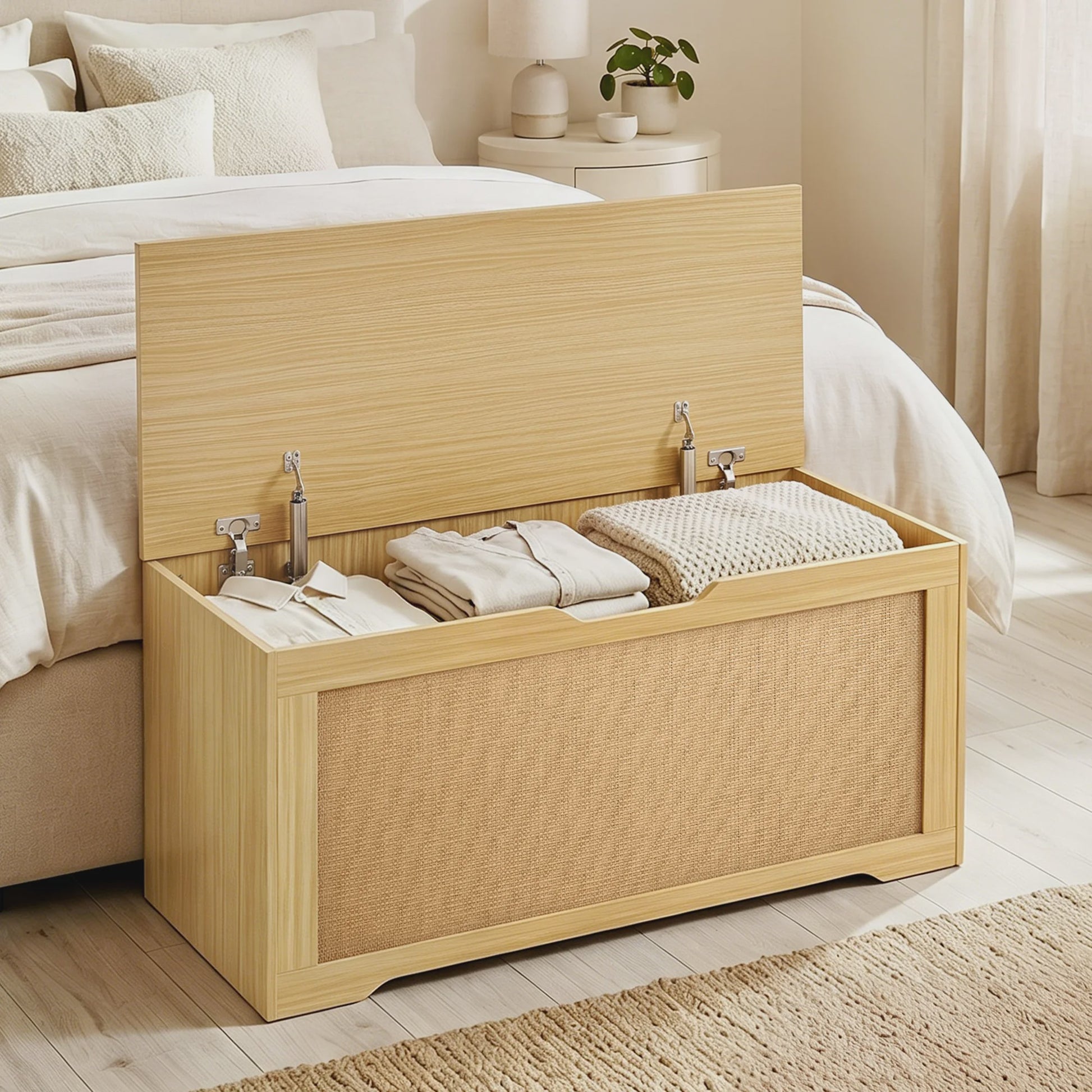 HOMCOM Rotan Opbergkist 136L - Bank met Veiligheidsscharnieren, Eikenlook