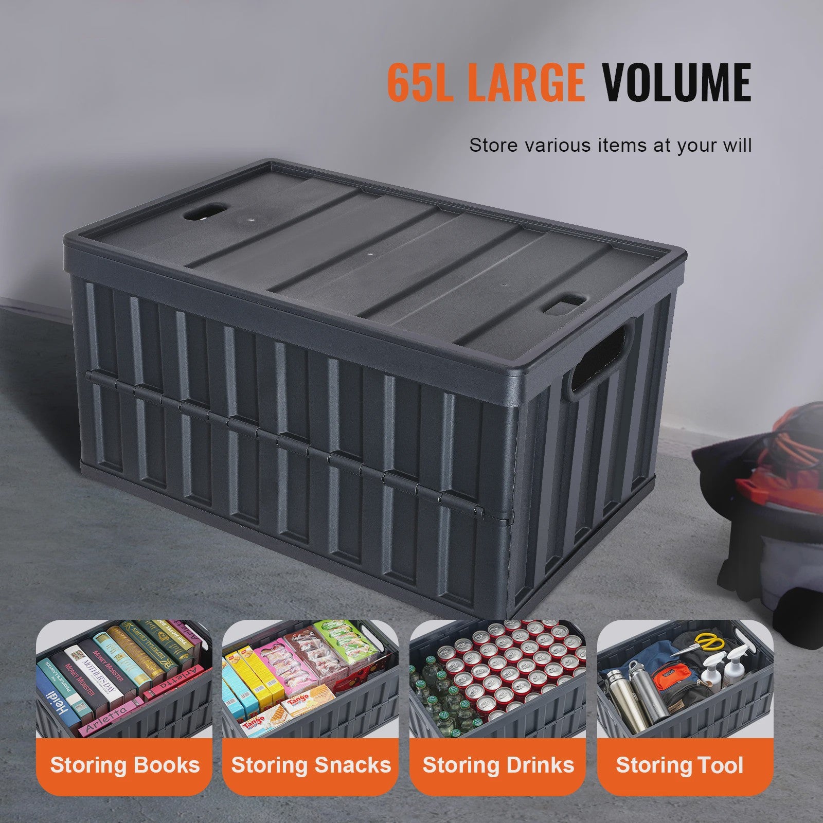 Set van 3 Opvouwbare Opbergkratten met Deksel - 45L & 65L