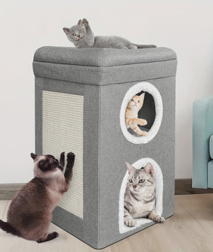2-Laags Kattenhuis met Krabpaal en Hangend Speeltje - Comfortabel & Veilig