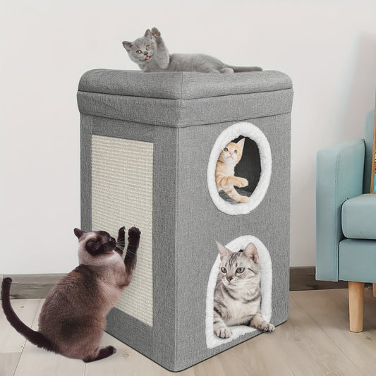 2-Laags Kattenhuis met Krabpaal en Hangend Speeltje - Comfortabel & Veilig