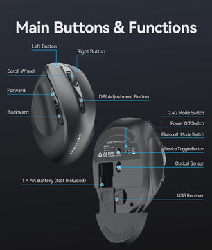 Vention Ergonomische Draadloze Muis: Bluetooth 5.1 & 2.4G Dual-Mode, 4000 DPI, Stille Knoppen