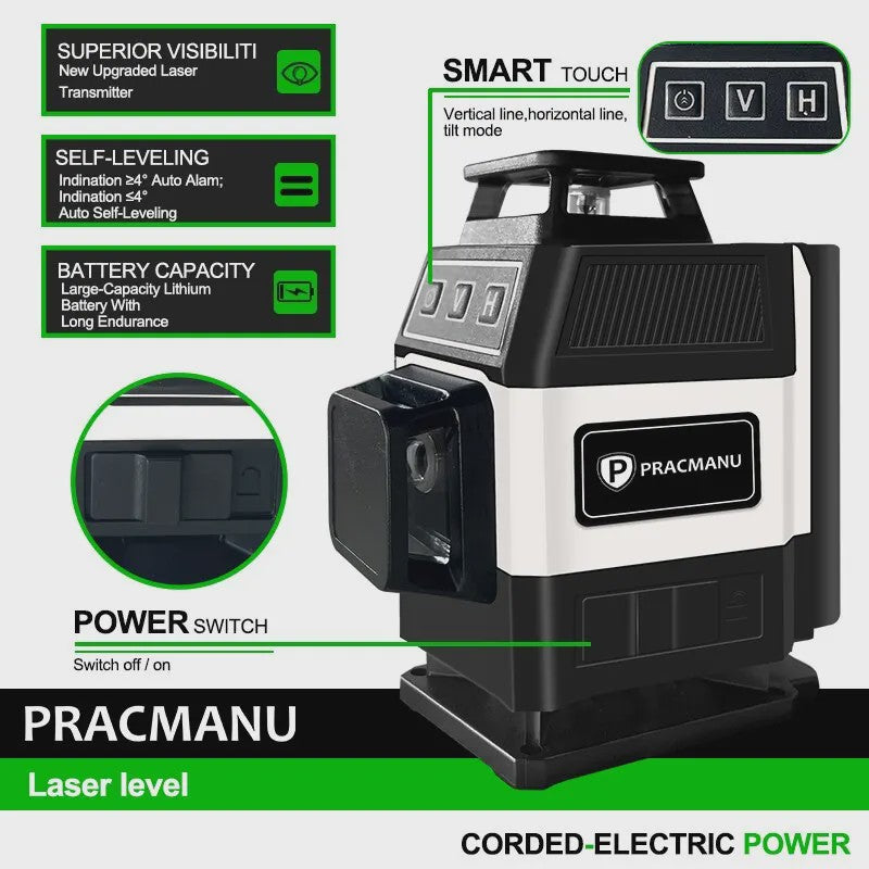 Pracmanu 4D 16-Lijn Groen Laserwaterpas met Afstandsbediening - Zelfnivellerend 360°