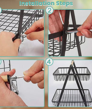 2-Laags Fruitmand met Houten Handvat - Afneembare Manden voor Fruit, Groenten & Snacks
