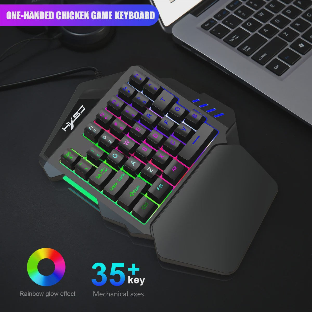 Ergonomisch Eénhandig Gaming Toetsenbord - Compact 35-Key Design met RGB Verlichting en Polssteun