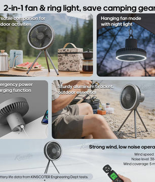 Draagbare Camping Ventilator met 10000mAh Batterij, LED Verlichting & Powerbank Functie
