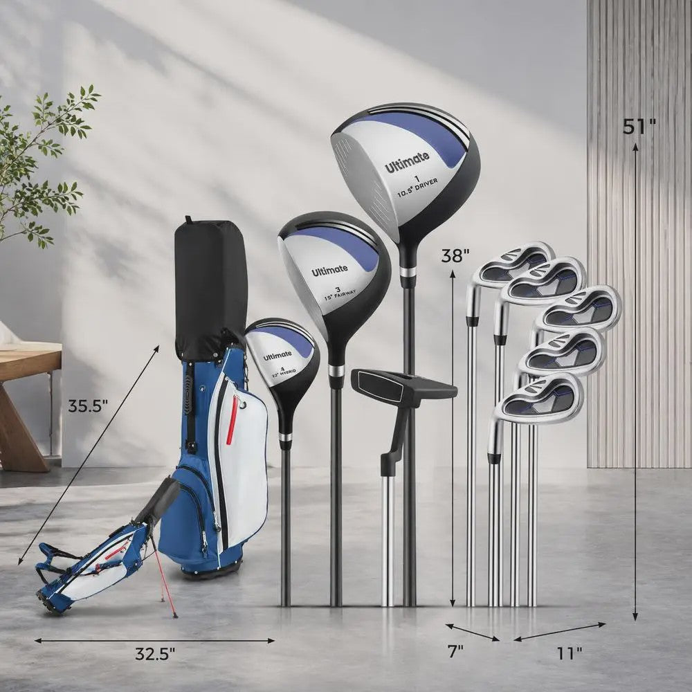 Complete Linkshandige Golfset met Grafiet Shafts en Standbag: 3 Woods, 5 Irons, Putter