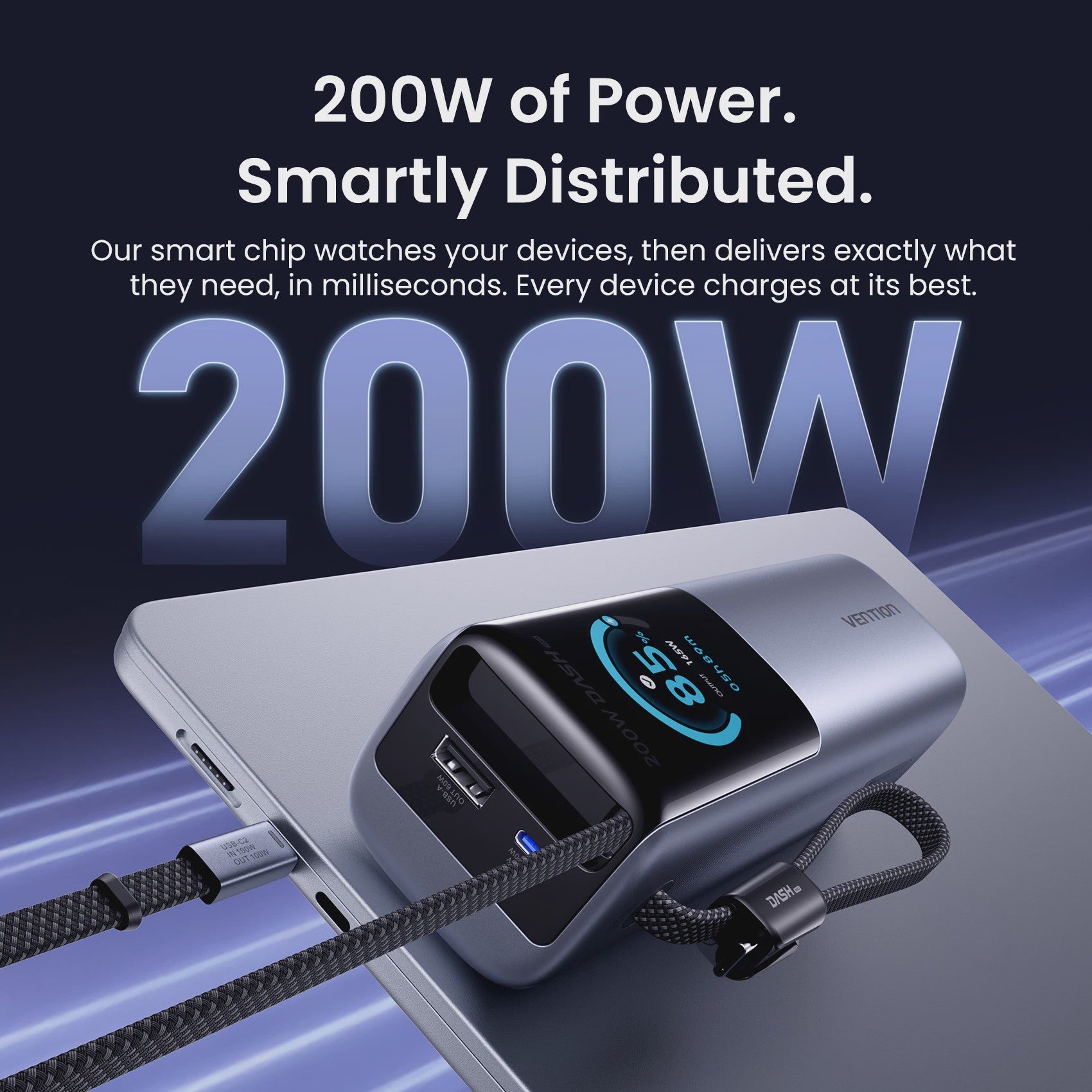 Vention 200W 25000mAh Powerbank: Draagbare Externe Batterij met Ingebouwde Kabels & PD Fast Charge