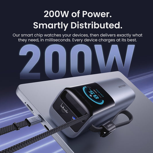 Vention 200W 25000mAh Powerbank: Draagbare Externe Batterij met Ingebouwde Kabels & PD Fast Charge