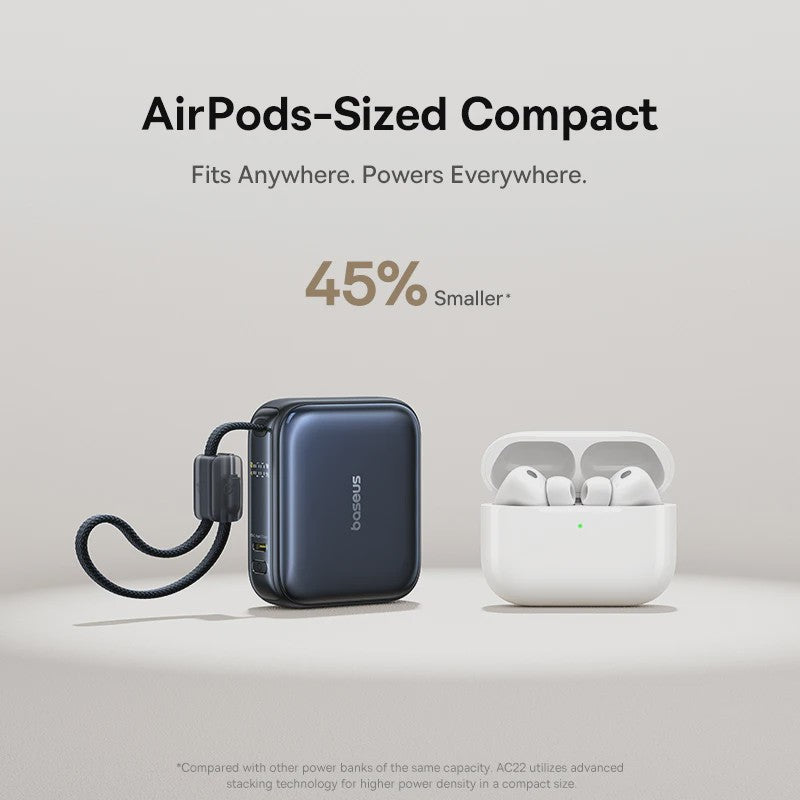 Baseus 45W Mini Powerbank 10000mAh met Ingebouwde USB-C Kabel - Compact & Snel Laden