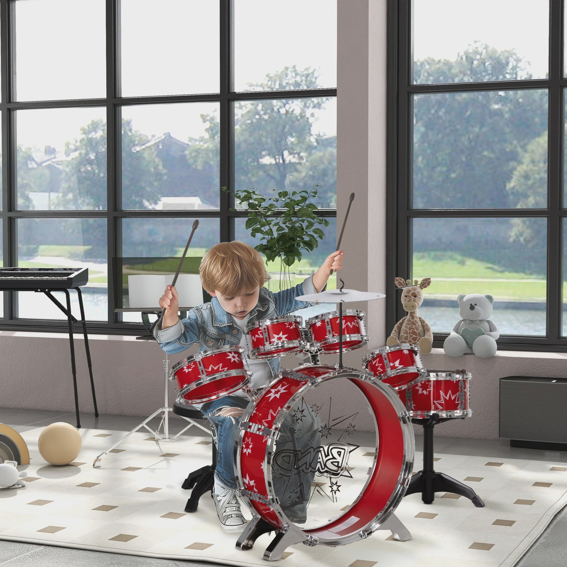 Aiyaplay Kinder Drumstel met Sterren Thema en Krukje - 65x22x57 cm