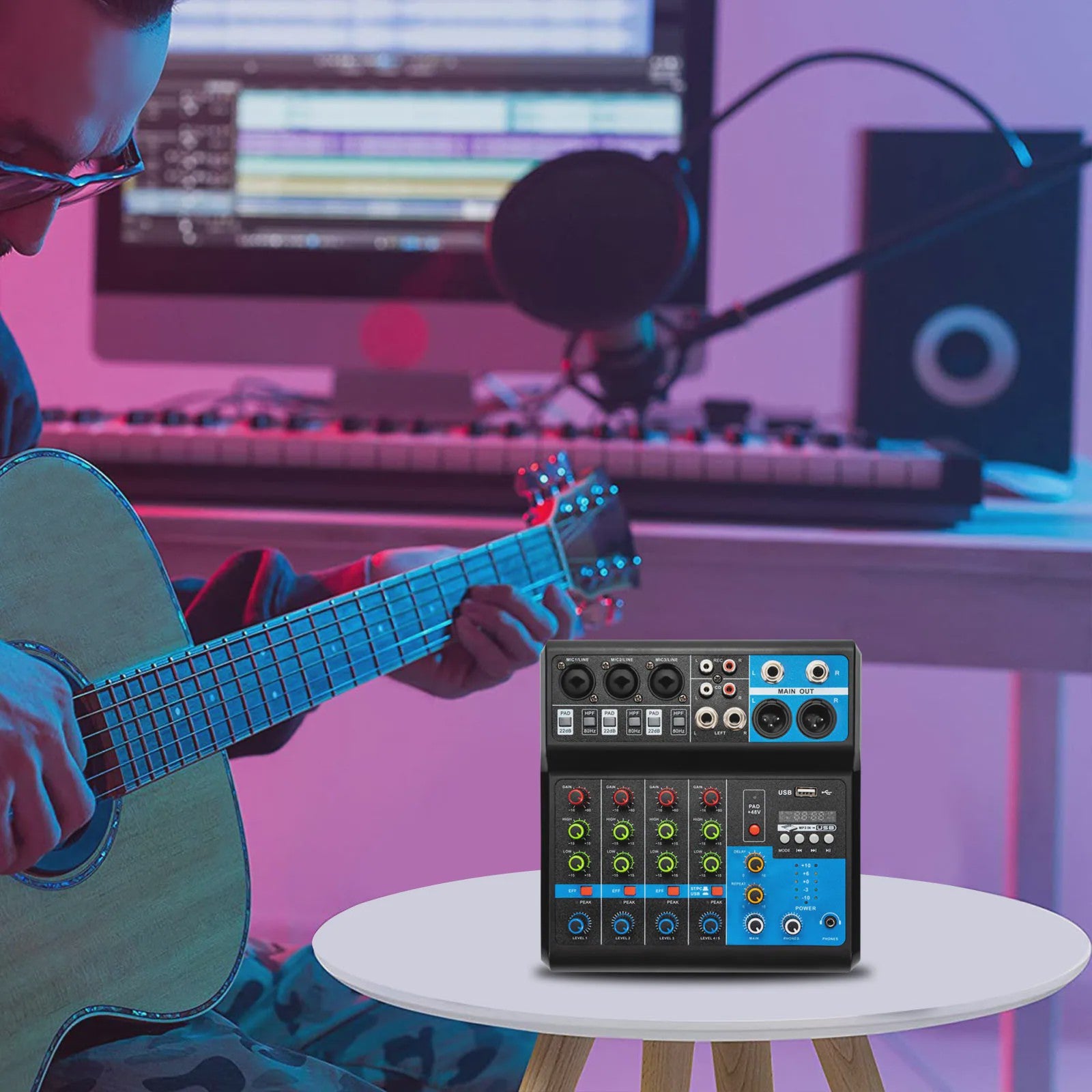 5-Kanaals Audio Mixer met 48V Fantoomvoeding, Bluetooth 5.0 & USB - Professionele Geluidskaart voor Streaming & KTV