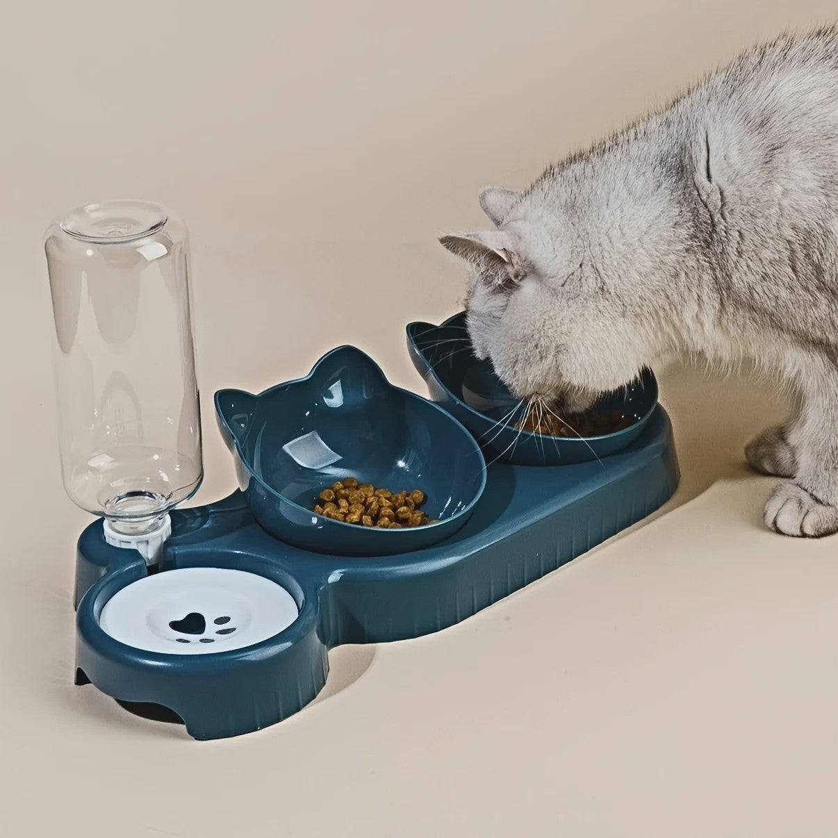 3-in-1 Kattenvoerbak met Waterdispenser en Nekbescherming - Schuin Ontwerp