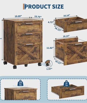 Mobiel 3-Laden Archiefkastje met Slot - Vintage Hout - Onder Bureau - Verrijdbaar Kantoor Opbergkast